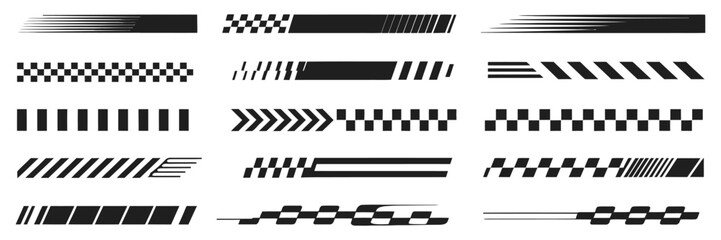 Vector bundle of racing stripes, angled checkered flag patterns, sport decals, vehicle tuning stickers, finish line graphics, and motocross labels ideal for motorsport and car design

