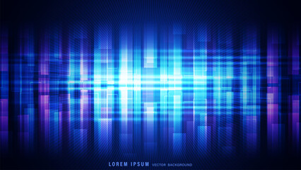 Futuristic abstract background with glowing blue and purple rectangle shapes, light beams, and radiant lines