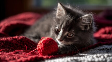 Sweet grey kitten captivated by a bright red ball of yarn on a cozy blanket.