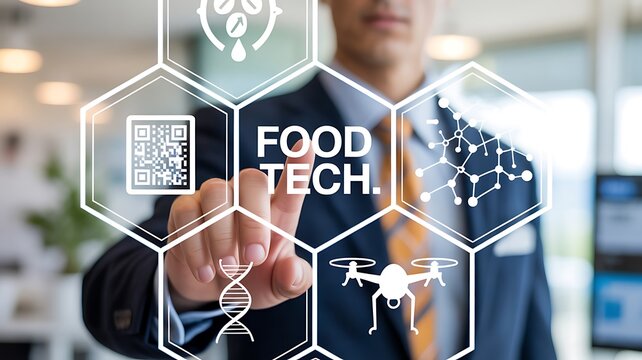 Man touching screen with food technology icons and text innovation agriculture