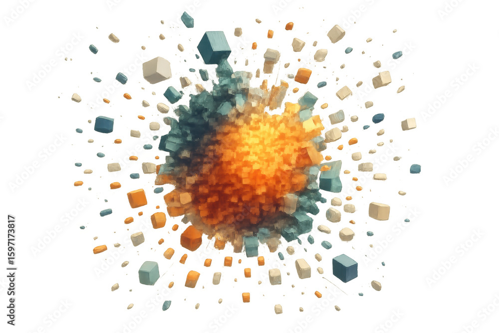 Poster colorful cubic explosion fragmenting spherical shape, radiating geometric fragmentation against tran