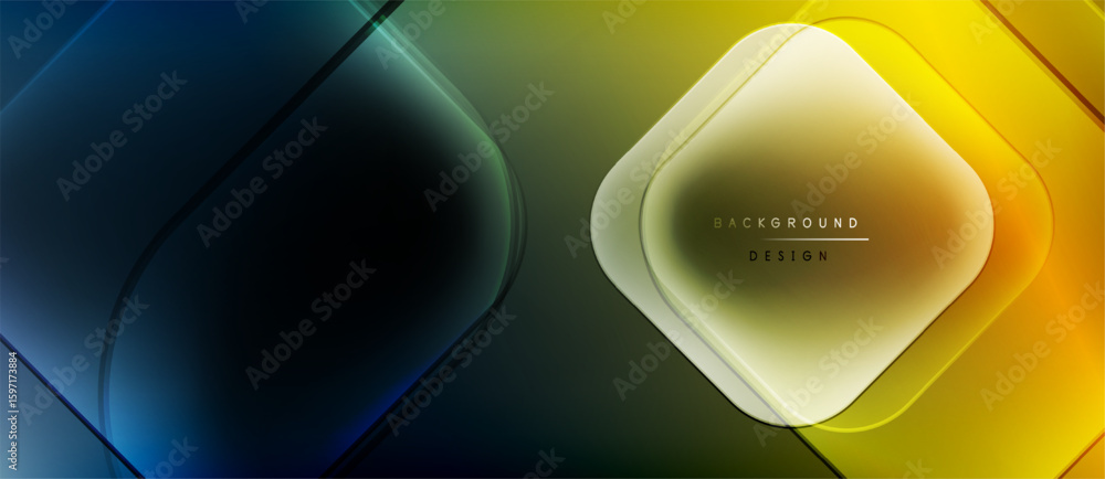 Poster Gradient background features overlapping geometric shapes. Blue transitions to yellow, creating modern visual effect. Minimalist design.
