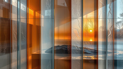 Sunset reflection modern architecture interior design coastal setting wide angle serenity and nature