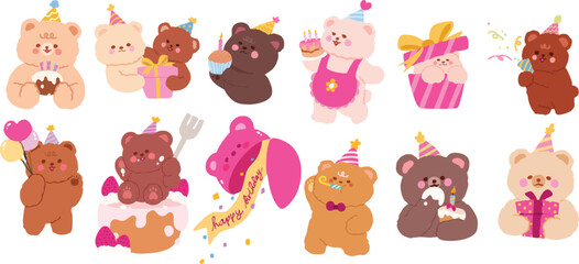 Obraz premium Cute cartoon bears celebrating a birthday with cakes, gifts, balloons, and party hats. Perfect for kids party themes, stickers, and greeting cards