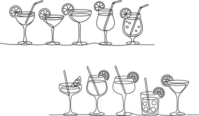 This image features two rows of simple, continuous line art illustrations of various cocktail glasses, some including straws and lemon slices. 