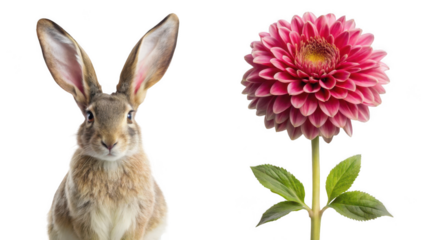 Hare animal and Dahlia flower isolated on transparent