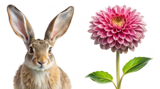 Hare animal and Dahlia flower isolated on transparent - Powered by Adobe