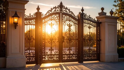 Ornate wrought iron gates at sunset