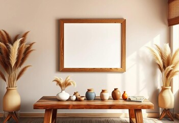 Empty wooden frame on wall above rustic table with dried pampas grass & ceramic accents in boho room,  minimalist,  rustic