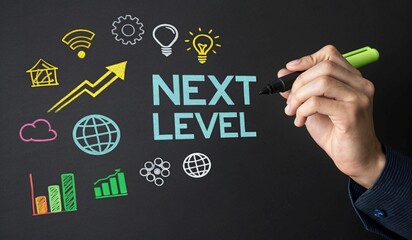 A hand holding a pen points towards the text NEXT LEVEL, surrounded by various digital icons and graphs. The background features a blend of dark and vibrant green hues, with abstract representations o