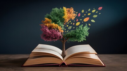 Tree with colorful leaves growing from open book image