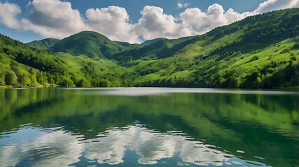Mountain lake landscape with reflections of trees and clouds in the summer sky
