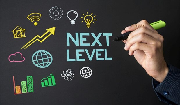 A hand holding a pen points towards the text NEXT LEVEL, surrounded by various digital icons and graphs. The background features a blend of dark and vibrant green hues, with abstract representations o