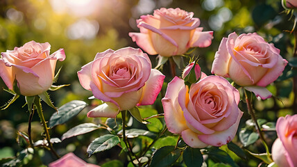 A beautiful bouquet of pink roses blooms in a summer garden, showcasing nature's romantic beauty