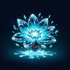 A radiant, icy-blue flower magically blooms, its crystalline petals glowing with enchanting luminescence.