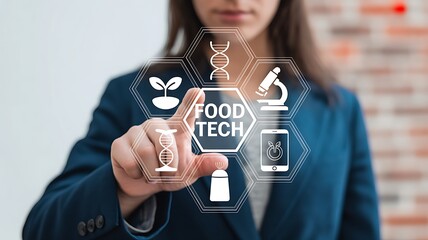Person touching digital screen with food technology icons and text digital interface innovation