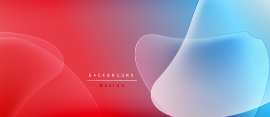 Abstract fluid shapes blend red, purple, blue hues. Minimalist design features soft gradients, smooth transitions. Modern background element.