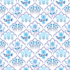 Seamless pattern with blue floral design, perfect for vintage nature illustration wallpaper or fabric decoration