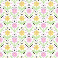 Seamless vintage floral pattern vector illustration with pink flowers, leaves, and branches for textile design, wallpaper, or summer decor
