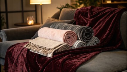 Cozy Blankets and Throws on Comfortable Sofa in Living Room