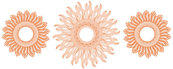 Red and white, and red and yellow flower vector patterns, sun symbols, and mandala ornaments decorate a summer card design