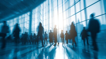 Business People Walking in Modern Office Lobby with Motion Blur and Sunlight