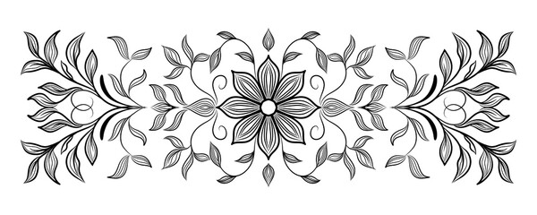 Black and white floral vector illustration of a vintage plant blossom with a seamless leaf pattern design