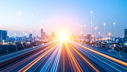 Futuristic city skyline with light trails and network connections at sunset