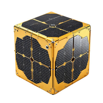 A sleek, golden cube satellite featuring solar panels, showcasing innovative space technology.