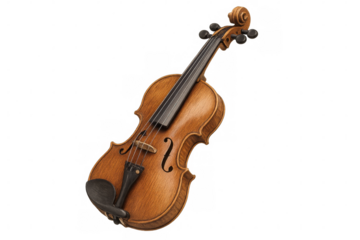 High-angle view of a classic wooden violin, isolated on a transparent background, ready for compositing