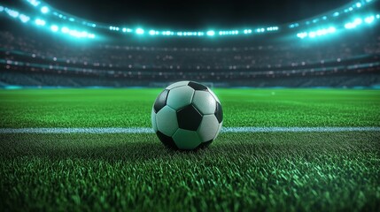 Fototapeta premium Soccer ball on a soccer pitch in stadium with dramatic green lighting 
