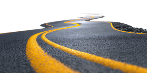Winding Asphalt Road with Bright Yellow Lines Creating a Sense of Forward Motion and Unknown Destination on Transparent Background, PNG
