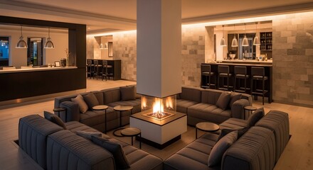 Sophisticated Lounge with Central Glass Fireplace and Inviting Sectional Sofa.