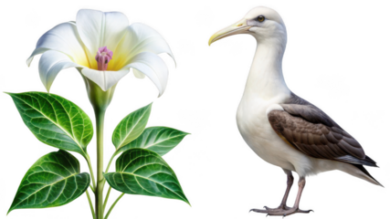 Albatross animal and Datura flower isolated on transparent