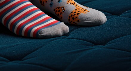 Fototapeta premium A close-up of feet in colorful mismatched socks, one striped and one with a leopard print, resting on a comfortable tufted blue cushion.