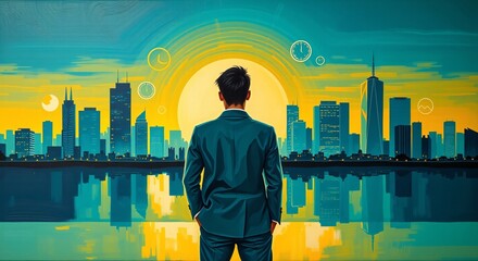 Back View of Young Businessman Standing Against Abstract City Background – Success and Development Concept with Double Exposure.

