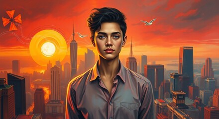 Thoughtful Young Man Gazing at Modern City Skyline – Urban Tranquility Concept.

