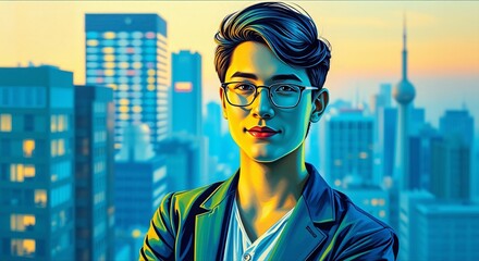 Confident Stylish Young Indian Man in  Shirt and  Eye Glasses wearing and standing  in Modern City background. 

