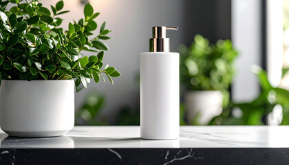 Modern White Soap Dispenser with Lush Greenery