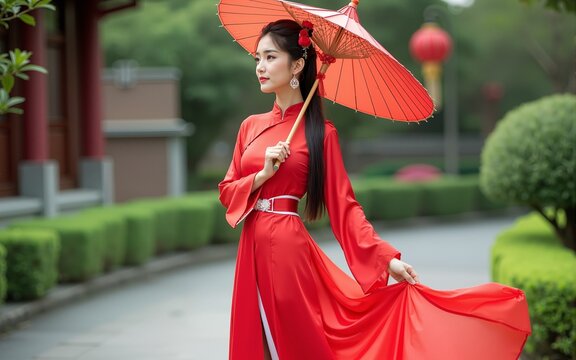 Young attractive Asian woman wearing tadeonal Chinese red hanfu long skirt dress costume scarf hairpin earing decorated umbrella outdoor green garden patio. High quality - Powered by Adobe