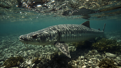 Fototapeta premium A large, dark-colored sturgeon swims near the seabed, partially submerged in shallow, clear water.