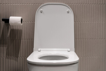 Modern white toilet bowl in stylish bathroom interior design