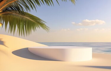 Minimalist white pedestal on sandy beach with ocean and palm tree in background
