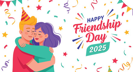 Happy International Friendship Day 2025: Celebrating with a Hug. Joyful friends embracing amidst confetti and festive decorations