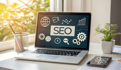 A modern laptop displaying the word SEO on its screen, surrounded by various digital icons representing data analysis and optimization. The workspace includes a small potted plant, a cup of coffee, an