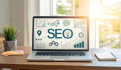 A modern laptop displaying the word SEO on its screen, surrounded by various digital icons representing data analysis and optimization. The workspace includes a small potted plant, a cup of coffee, an