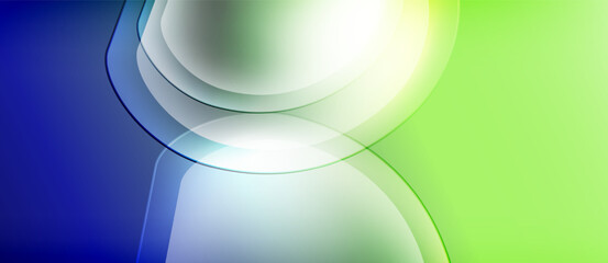 Abstract design features flowing shapes, blue, green, white hues. Smooth gradients create dynamic visual effect. Modern, clean aesthetic.