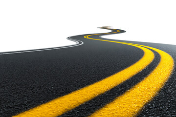 Winding Asphalt Road with Double Yellow Lines on Transparent Background Offering a Travel and Direction Concept in Perspective View, PNG