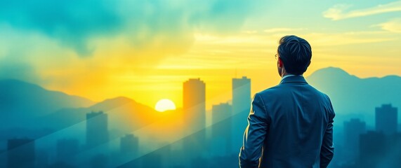 Back View of Young Businessman Standing Against Abstract City Background – Success and Development Concept with Double Exposure.

