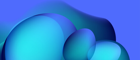 Abstract blue shapes overlap, creating fluid forms. Gradient colors suggest depth, light reflecting off rounded surfaces. Minimalist design.